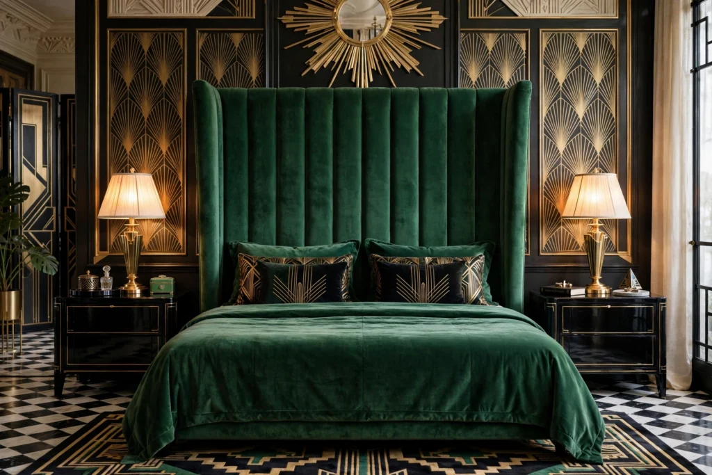 Art deco bedroom design ideas with a tall channel-tufted emerald velvet headboard