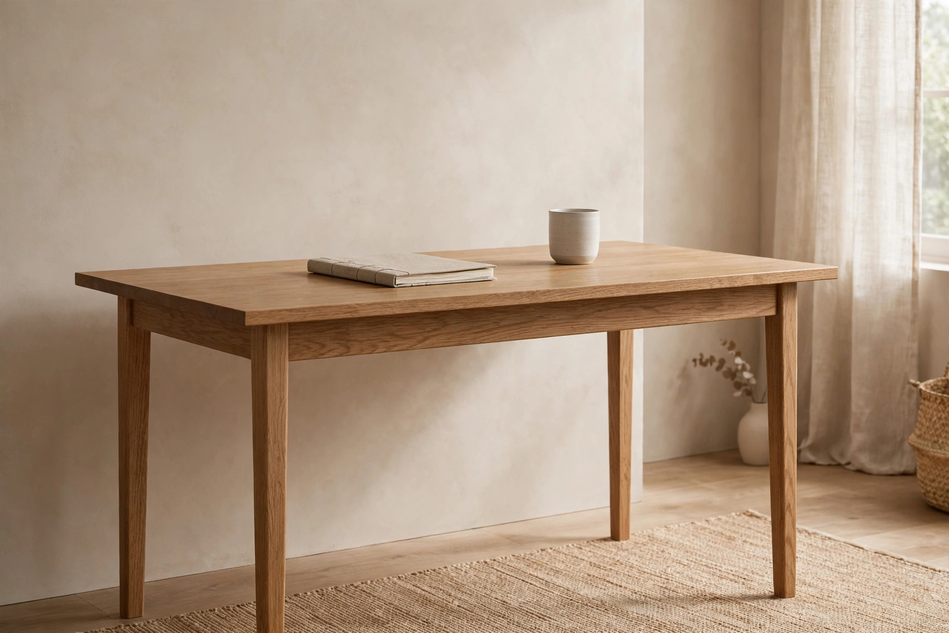 Low-profile solid oak desk with clean straight legs in a Japandi home office