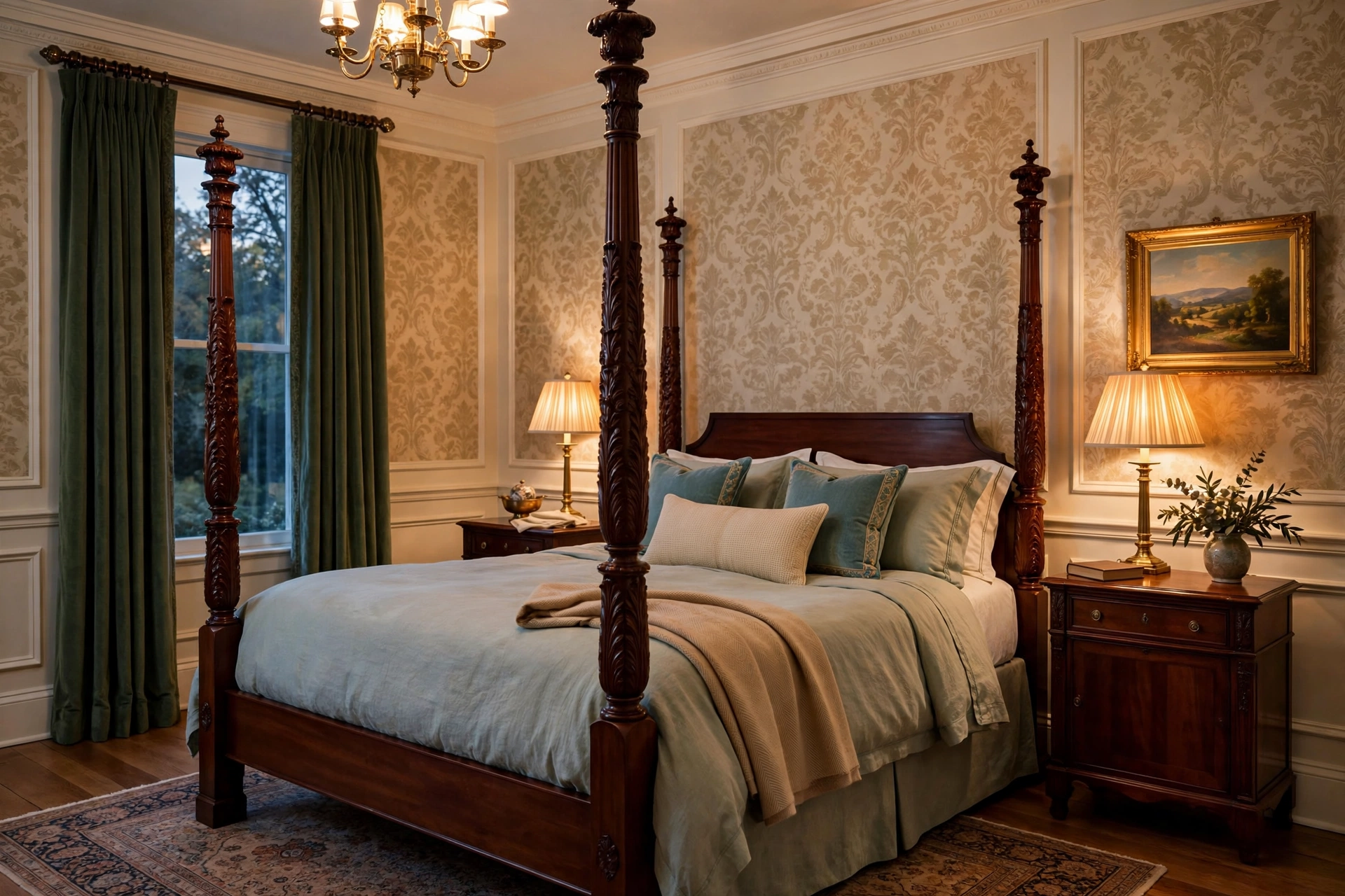 Traditional bedroom design ideas with a stately mahogany four-poster bed