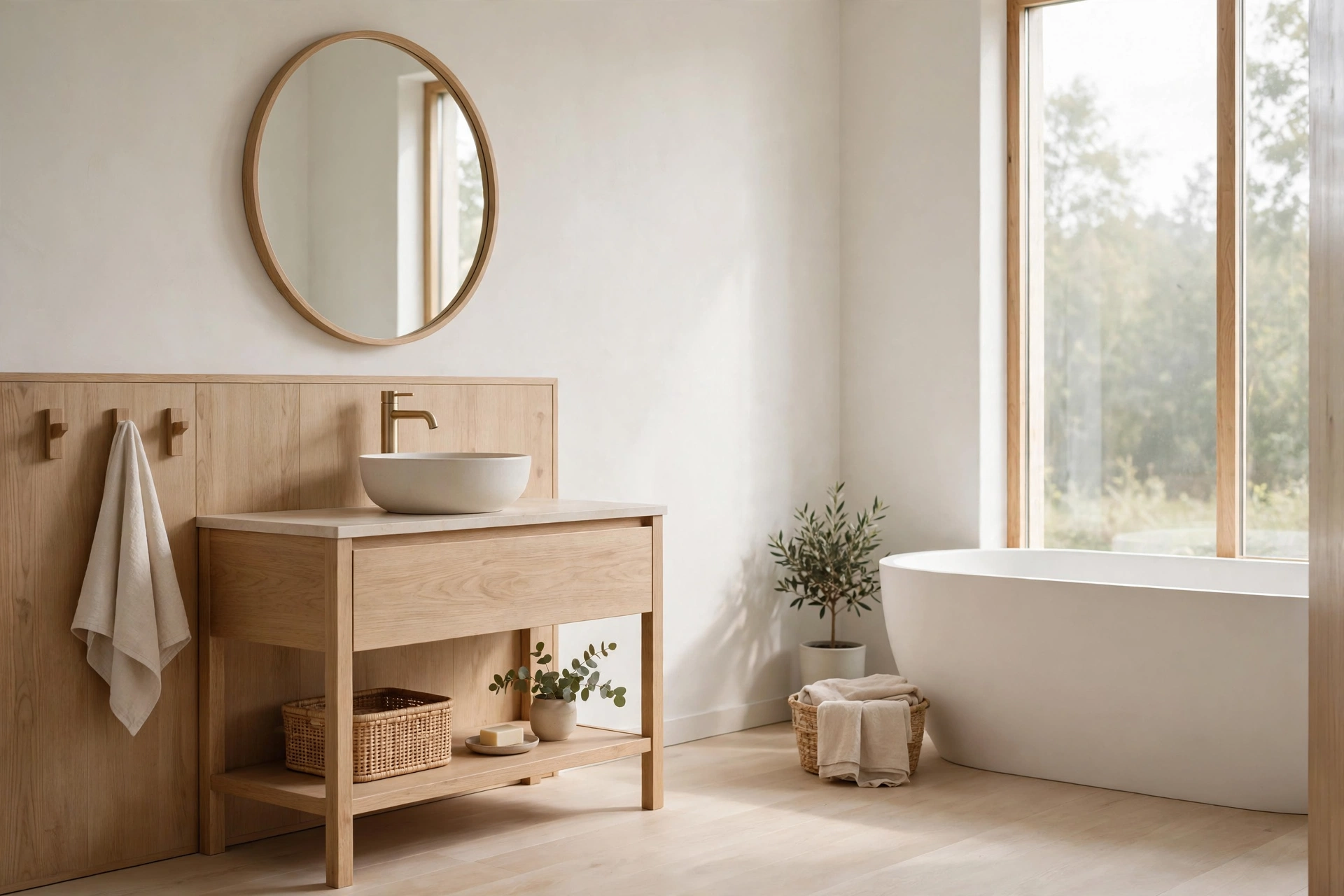 Scandinavian bathroom design ideas with pale white walls, soft gray tiles and bright airy palette