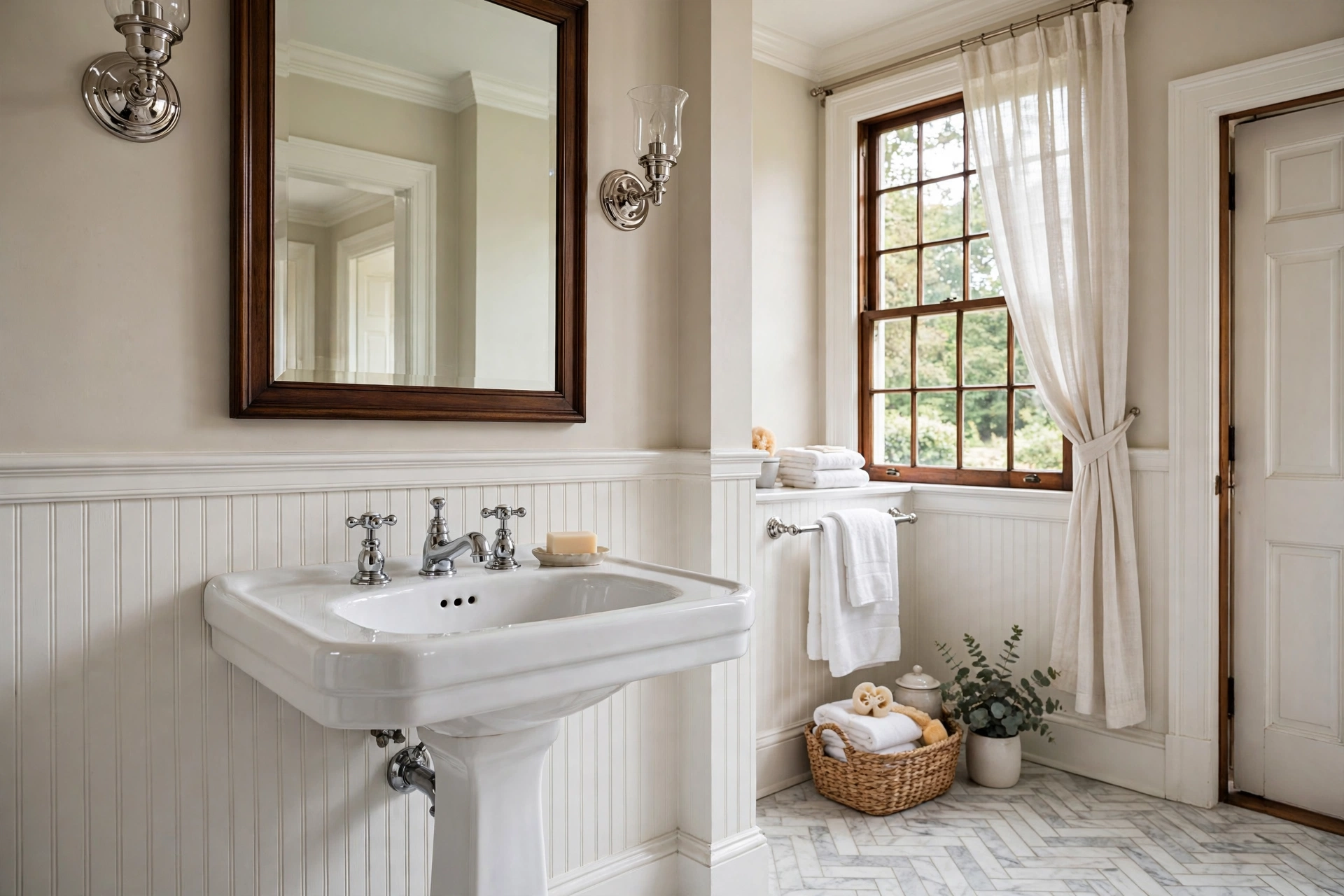 Classic white pedestal sink with chrome cross-handle faucets in a traditional bathroom