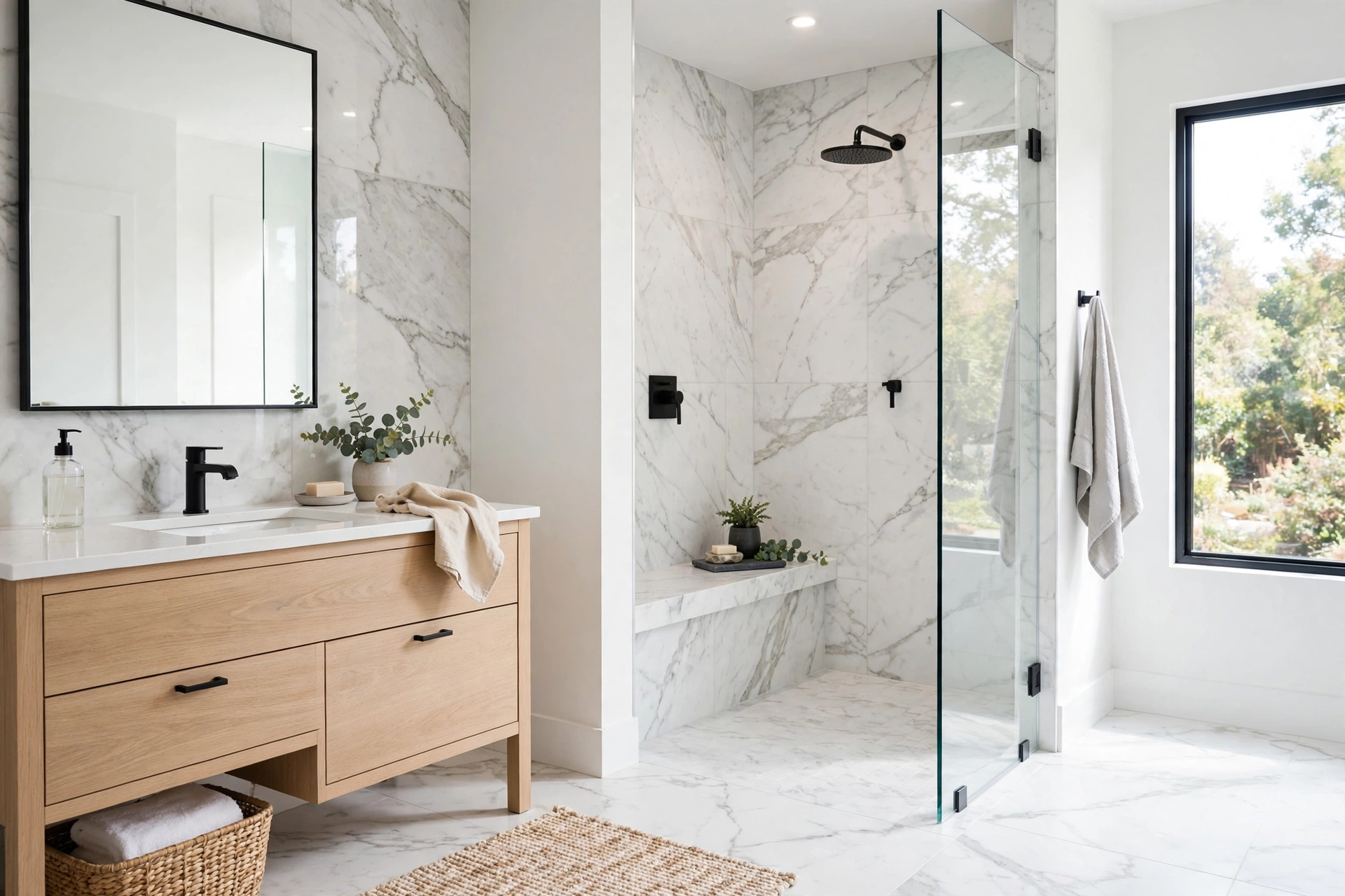 Doorless walk-in shower with fixed glass splash panel in a bright modern bathroom