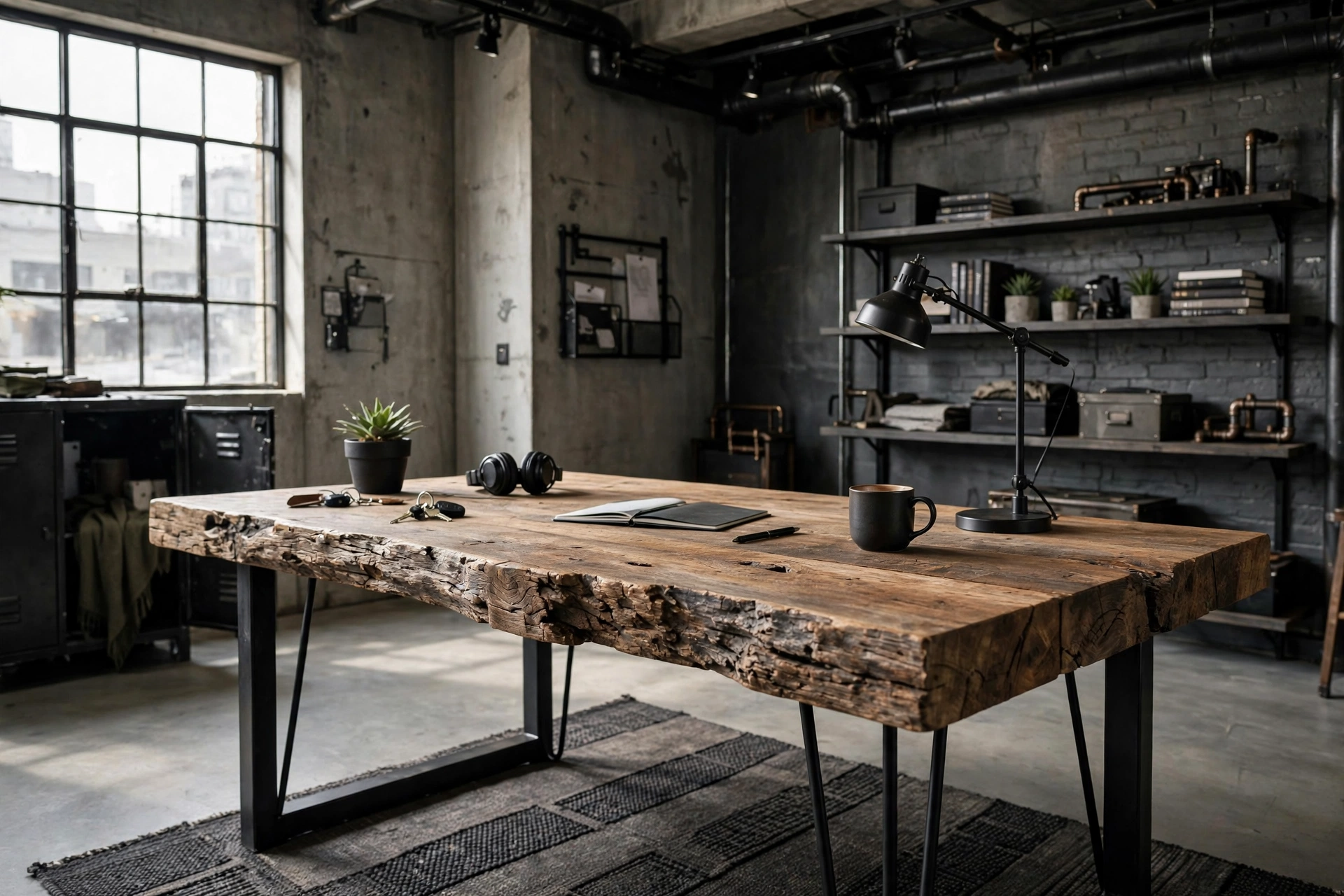 Reclaimed wood slab desk on black steel legs in an industrial home office