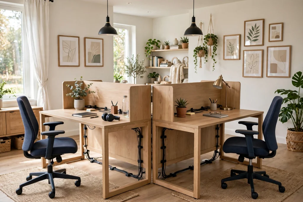 Two back-to-back desks in a bright shared home office for two people