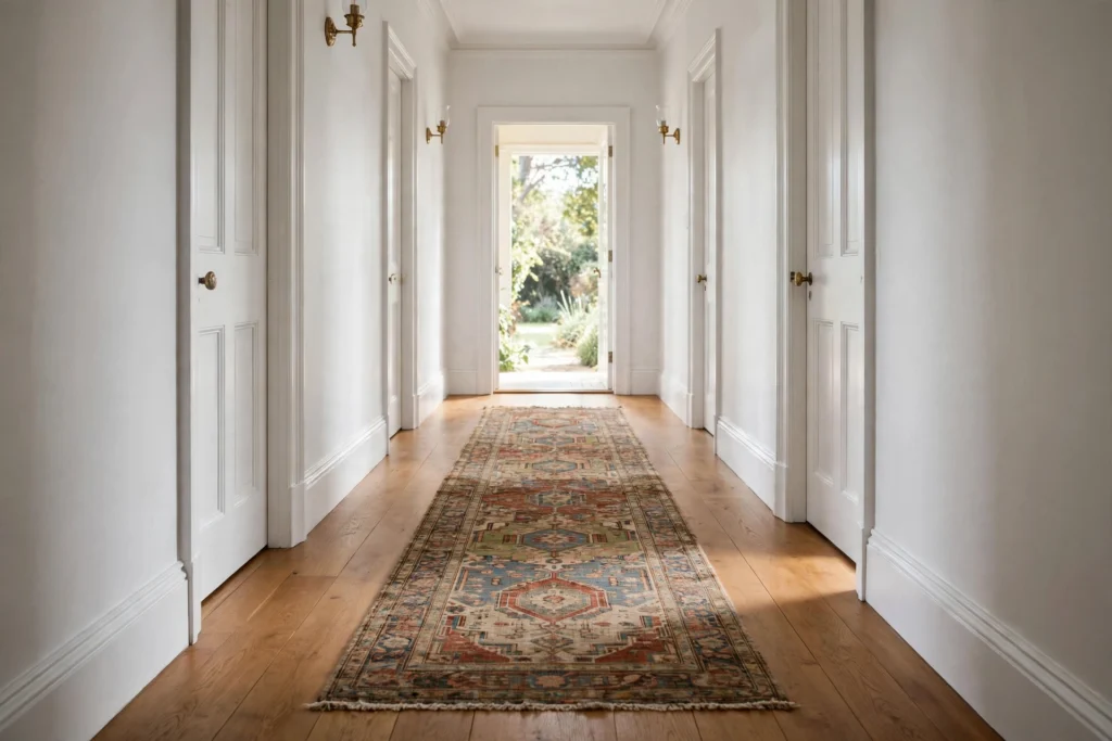 Patterned vintage runner rug leading down a bright hallway with white walls