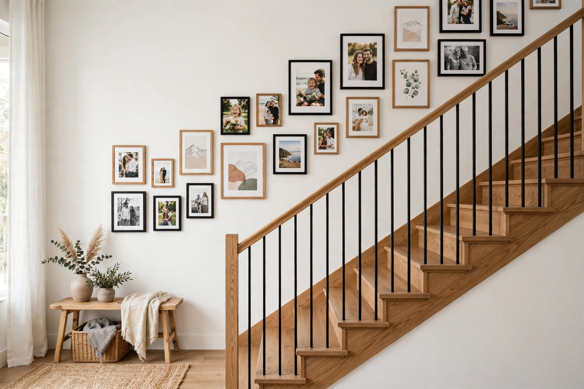 Gallery wall of mixed framed art and photos ascending diagonally along a staircase wall following the stair angle