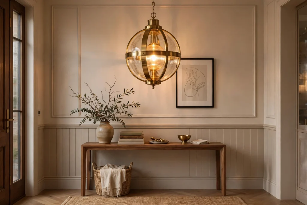 Entryway lighting ideas with a statement brass pendant light hanging over a console table