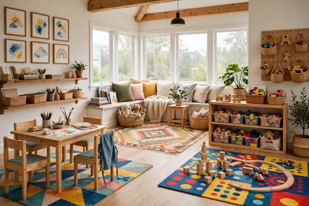 Playroom design ideas with distinct play zones for art, reading and building divided by rugs
