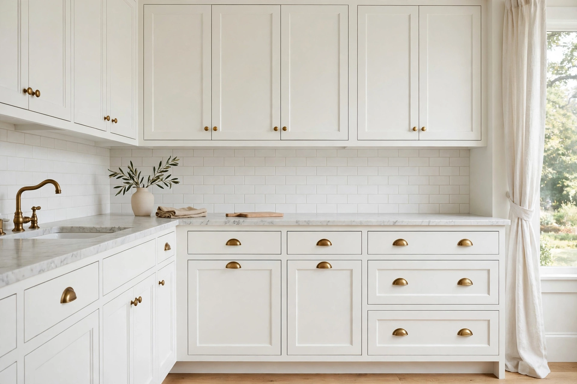 White shaker kitchen cabinets with brass cup pulls and marble countertop