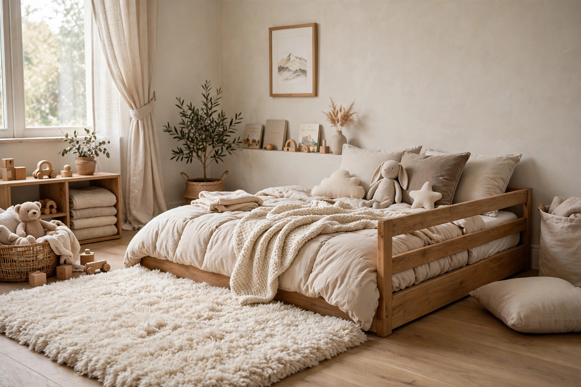 Toddler bedroom design ideas with a low floor bed and soft rug for safe landings