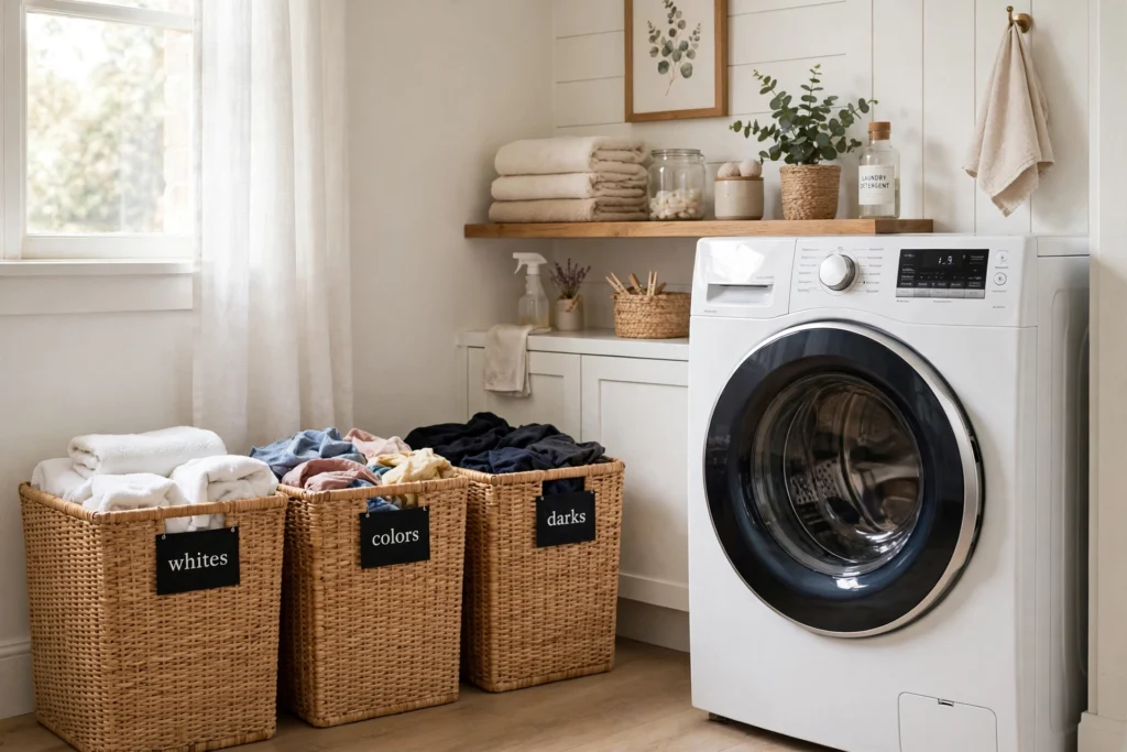 Laundry room with three labeled sorting bins for whites, colors and darks beside the machines