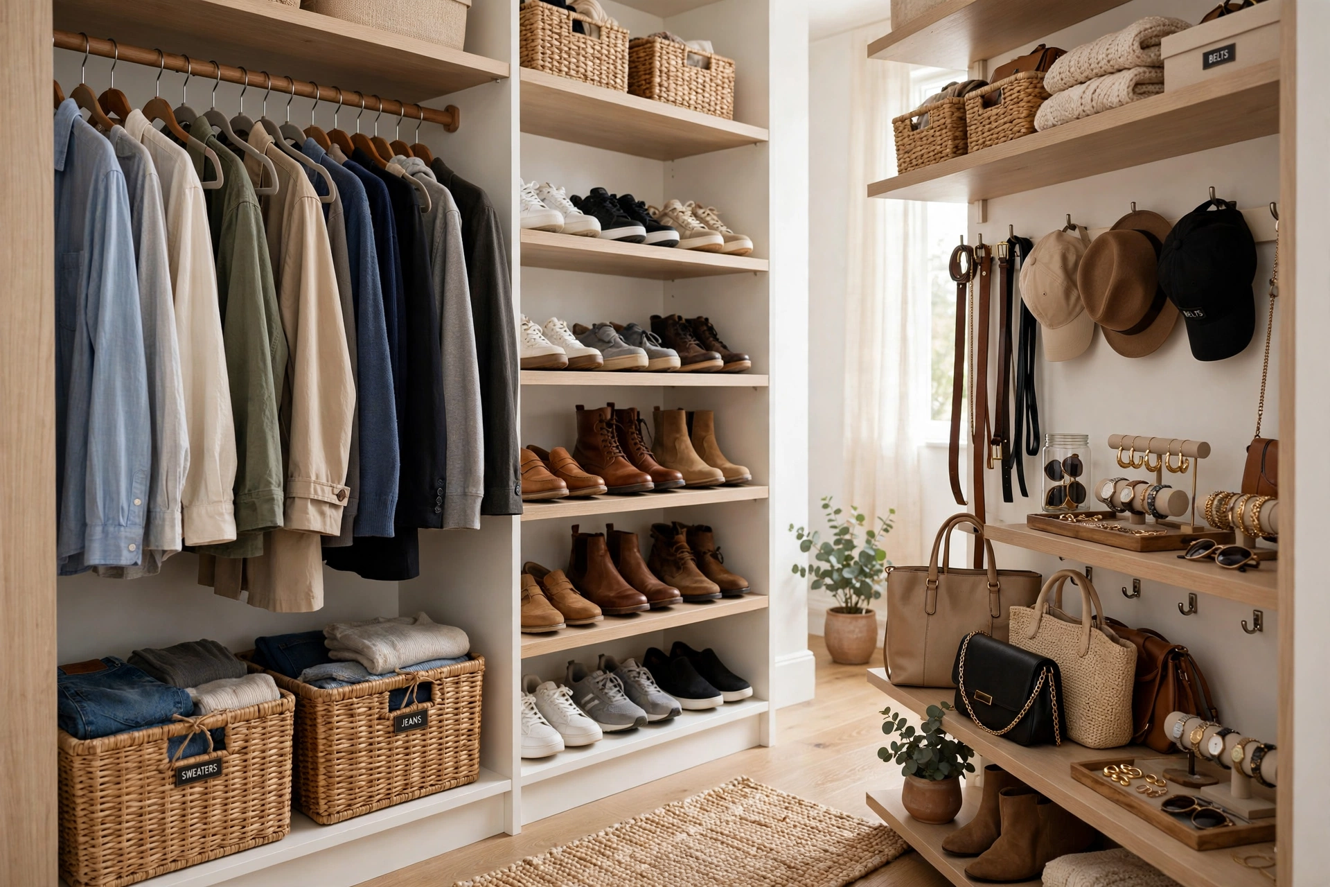 Walk-in closet layout with organized sections for hanging clothes, shoes and accessories