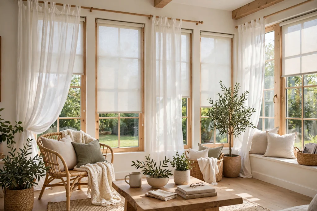 Sunroom with layered sheer curtains and light-filtering shades on tall bright windows
