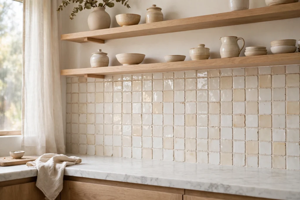 Kitchen backsplash ideas with handmade zellige tiles in warm white behind a marble countertop.