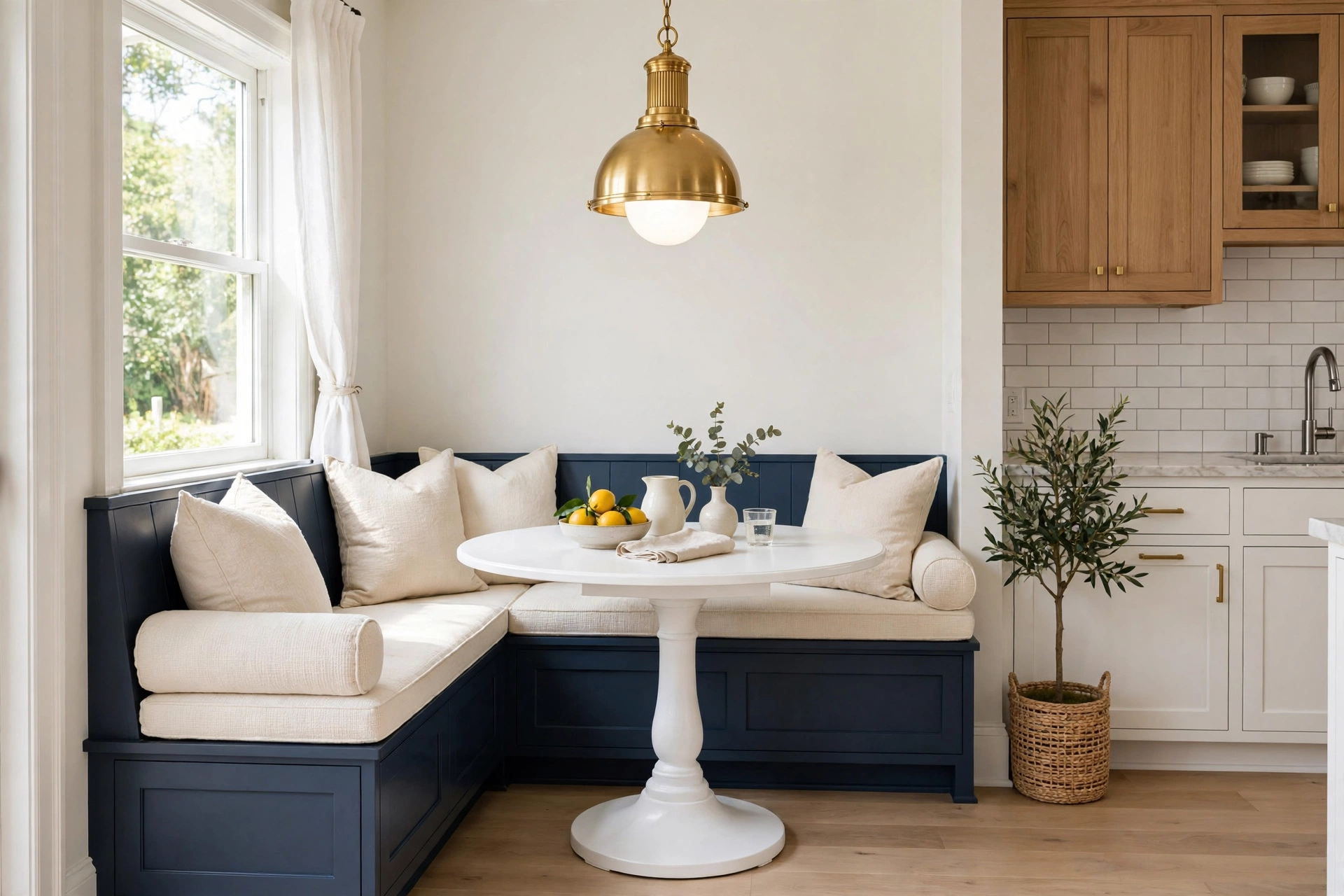 Breakfast nook ideas with a built-in L-shaped banquette and round pedestal table.