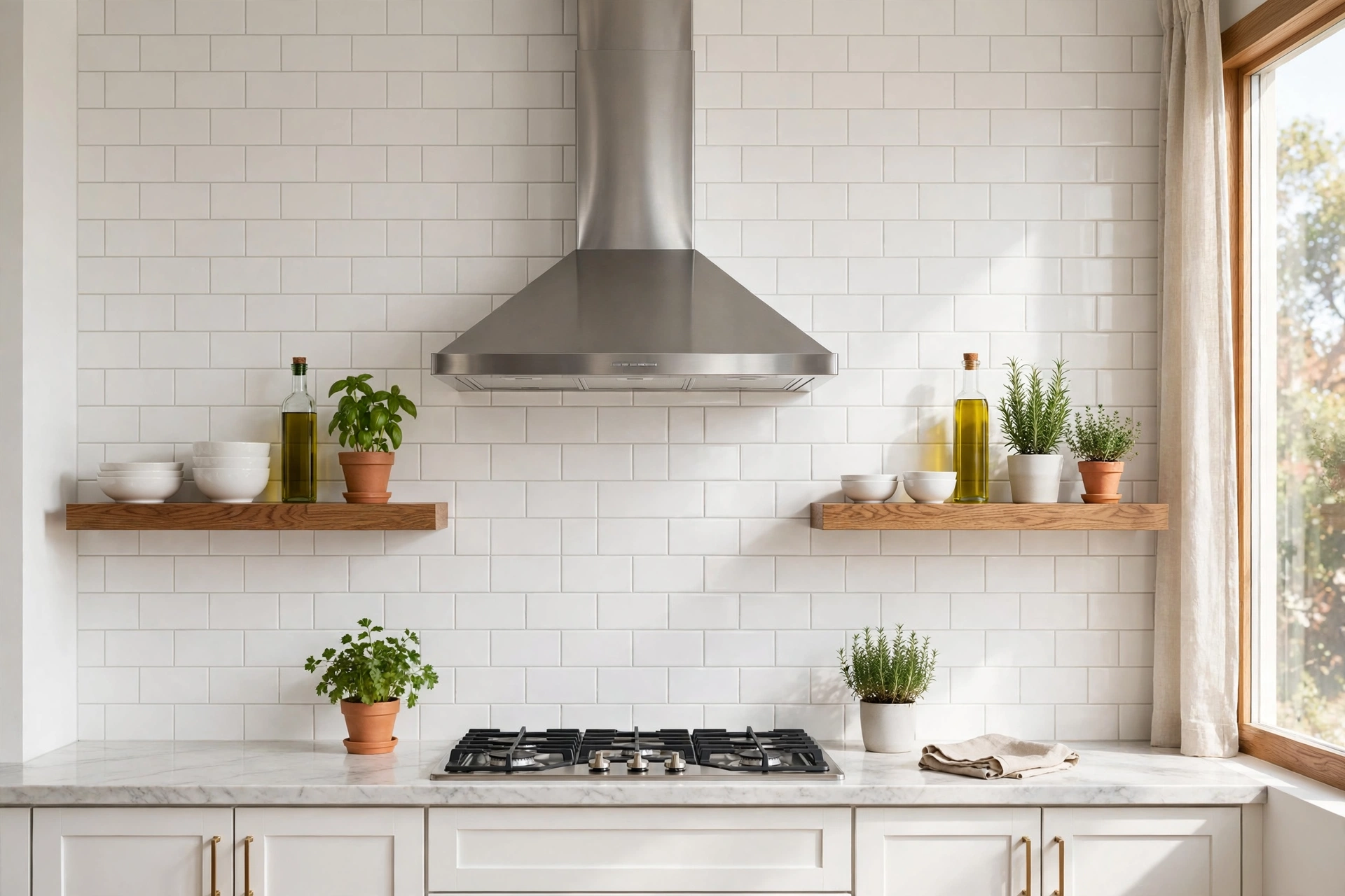 Open kitchen shelving ideas with floating wood shelves flanking a stainless range hood.