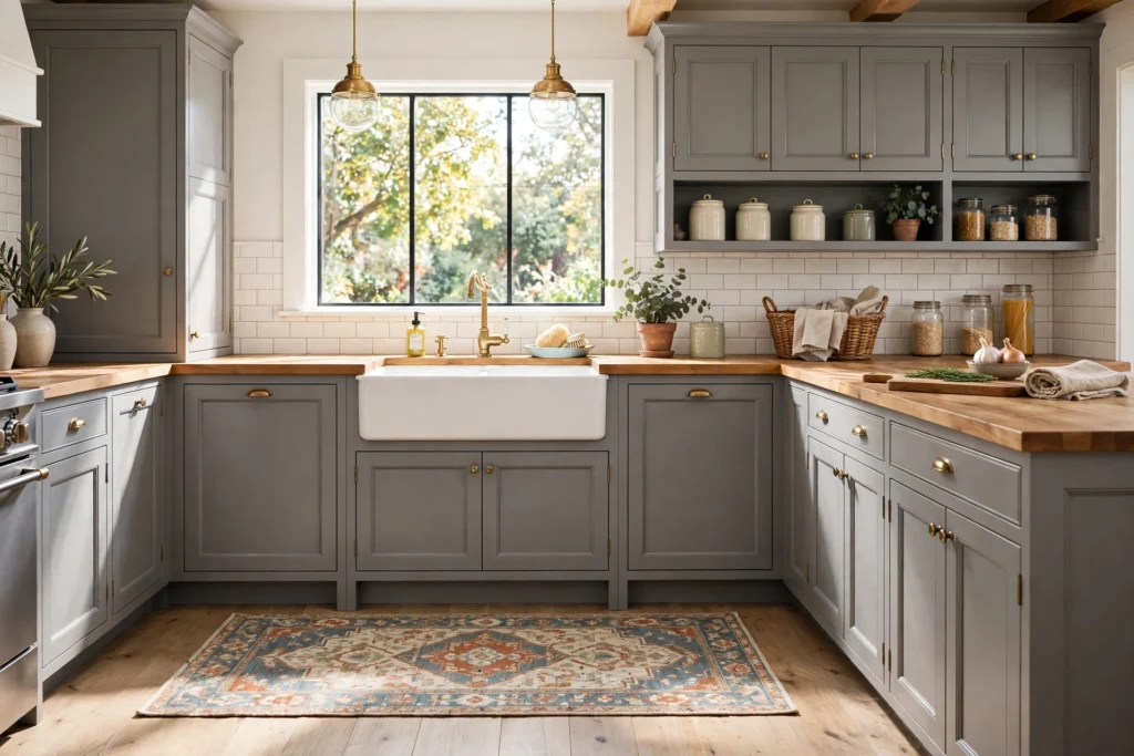Kitchen rug ideas with a washable runner in front of a farmhouse sink.