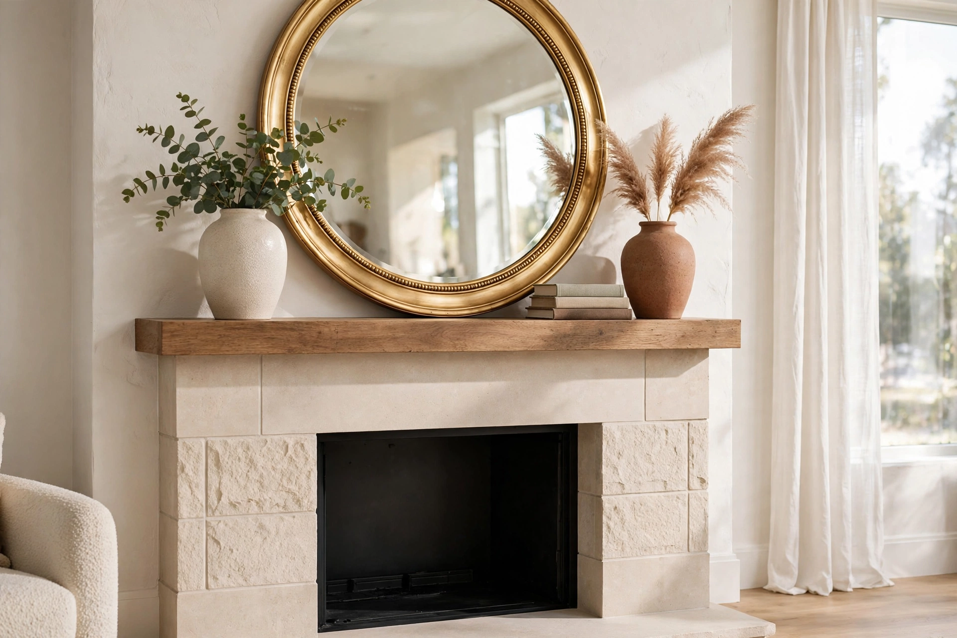 Fireplace mantel decor ideas with an oversized round mirror as a year-round anchor.