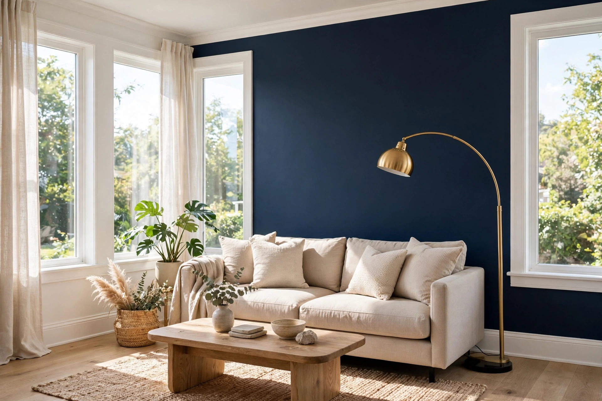 Living room accent wall ideas with an inky navy wall, white trim, and a beige sofa styled with brass floor lamp.