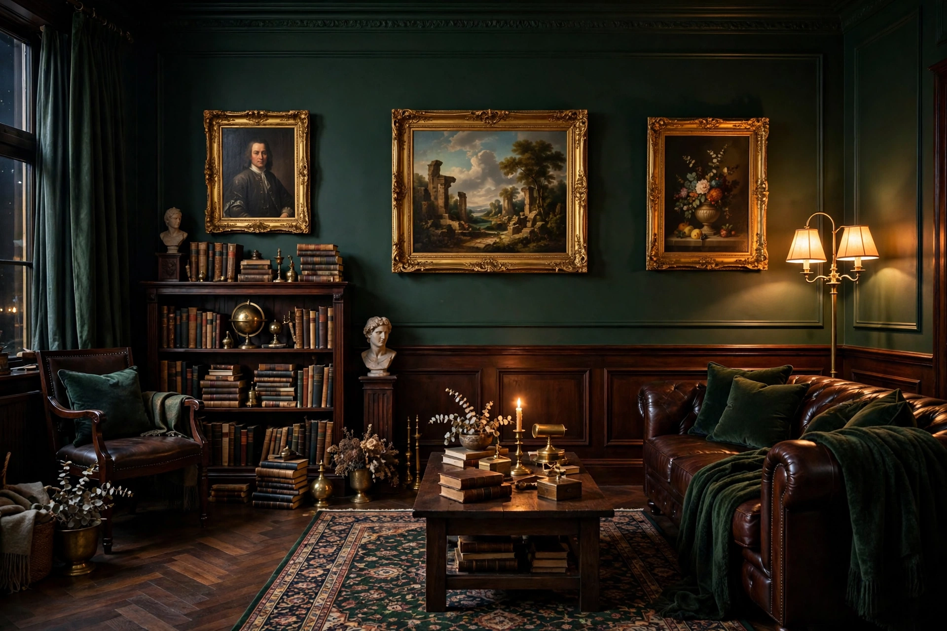 Dark academia living room with deep forest green walls, gilt-framed art, and a brass floor lamp.