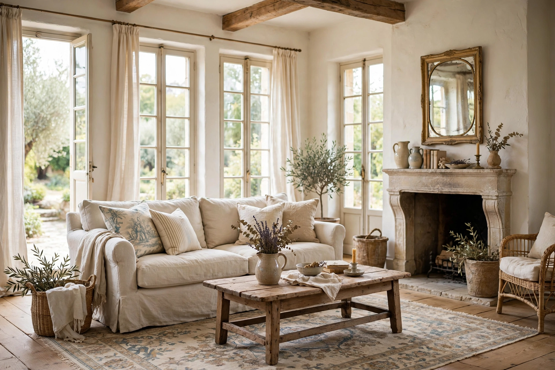 French country living room with warm creamy white walls, a linen sofa, and soft natural daylight.