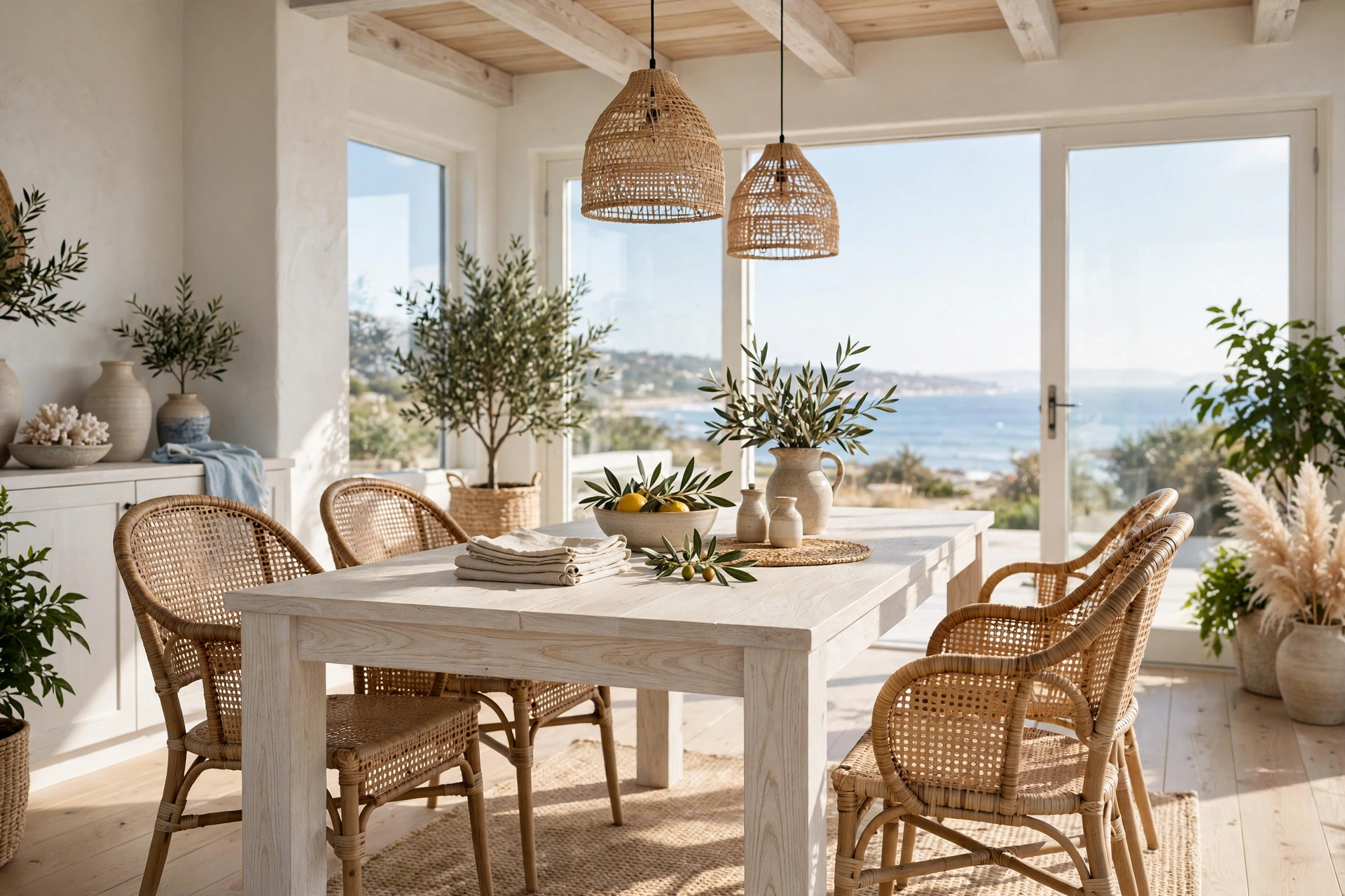 Coastal dining room ideas featuring a whitewashed oak dining table with woven chairs in a sunlit dining room.