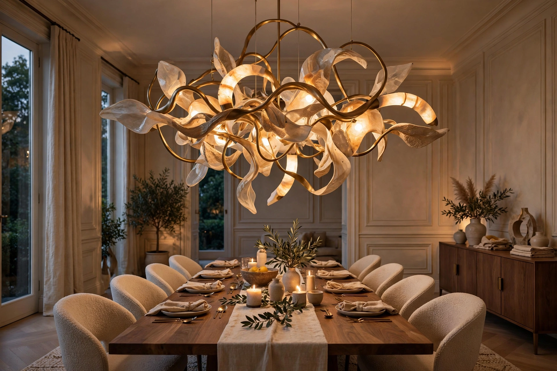 Dining room lighting ideas featuring an oversized sculptural chandelier centered over a long dining table.