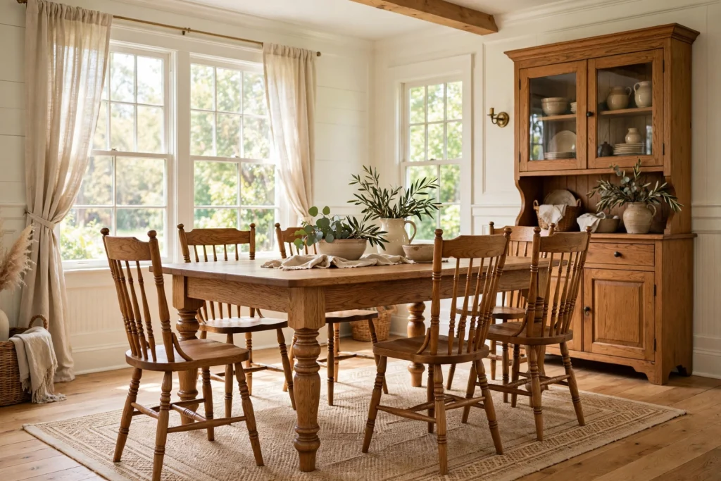 Solid oak farmhouse dining table with turned legs surrounded by classic wooden chairs in a bright traditional dining room.