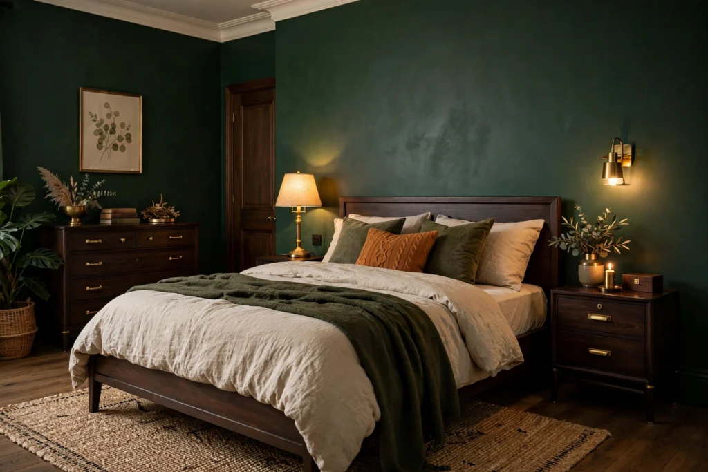 Bedroom with deep forest green walls, dark wood furniture, and brass accents glowing under warm lamplight.