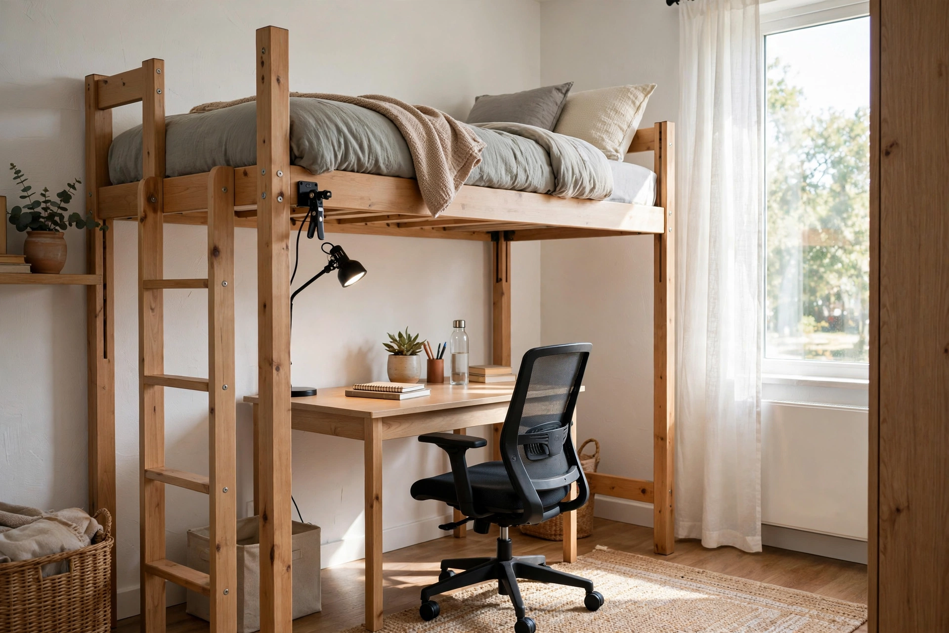 Dorm room with a lofted bed and a desk with chair tucked underneath, plus a clip-on reading light.