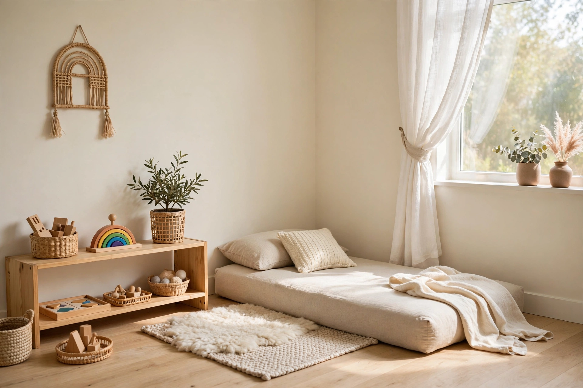 Toddler montessori bedroom with a low floor mattress in a corner, soft rug beside it, and cream walls.