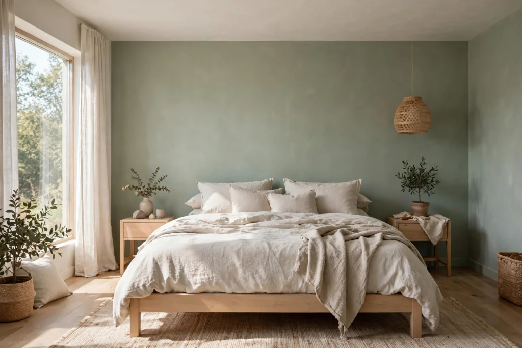 Bedroom with soft sage green walls, warm white ceiling, light wood bed frame, and linen bedding in daylight.