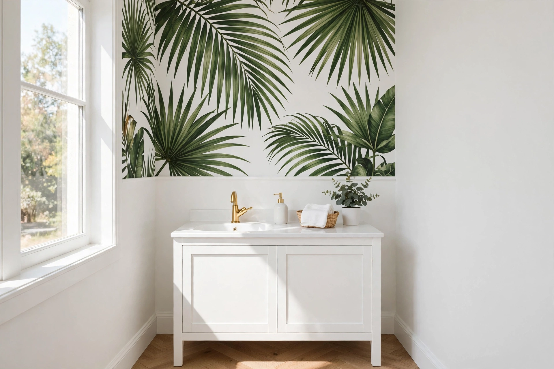 Oversized botanical bathroom wallpaper with large green monstera leaves on a white wall above a simple vanity.