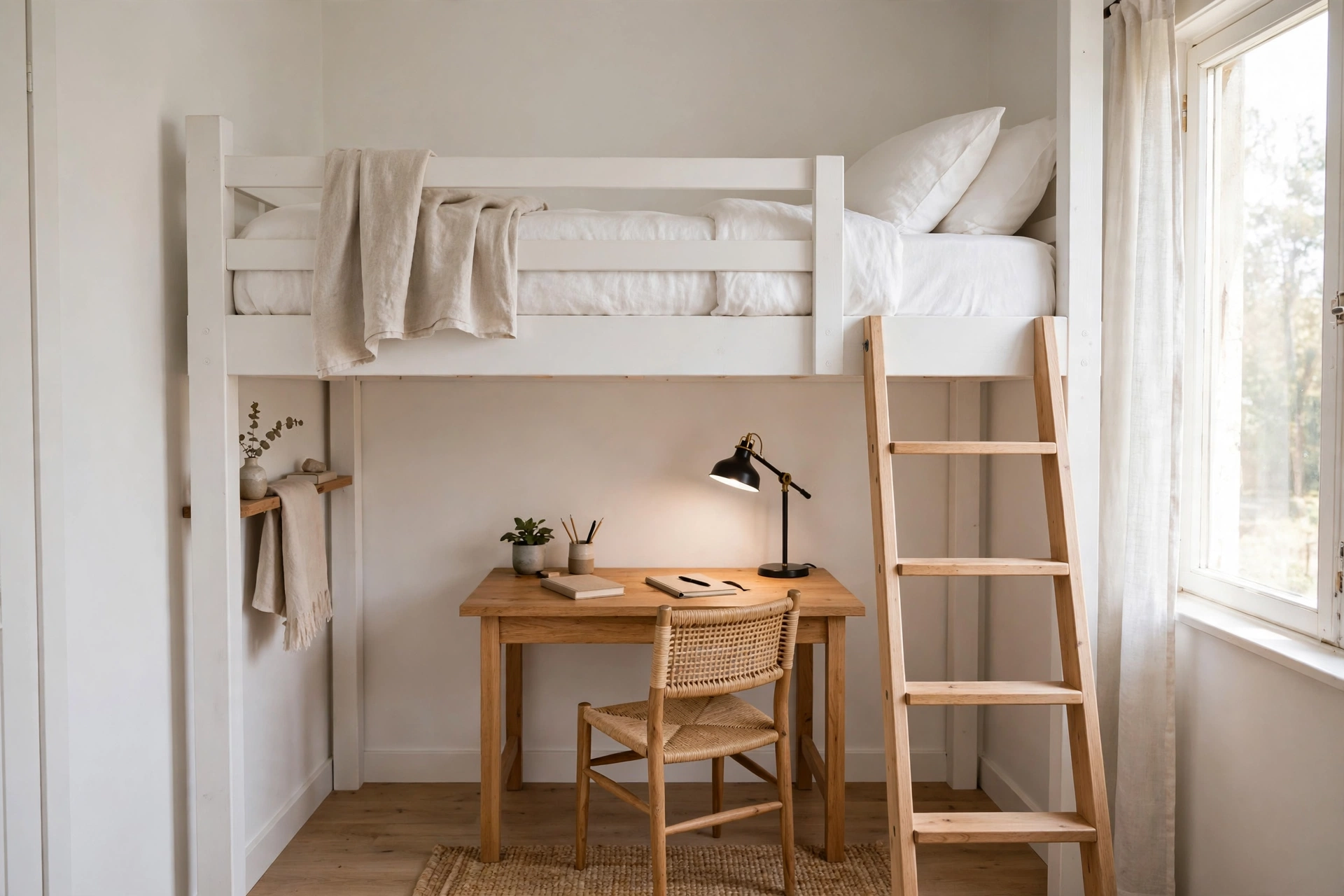 White loft bed with a compact desk underneath in a small bedroom