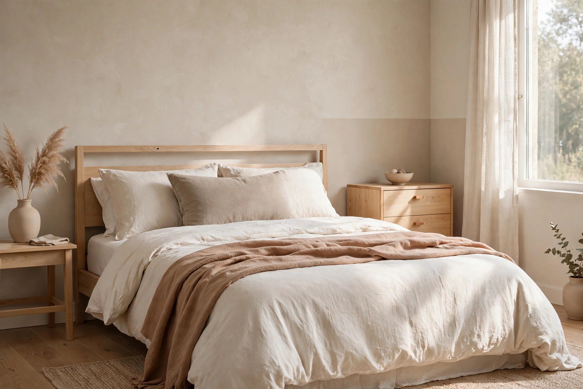 Warm neutral palette in a Japandi bedroom: beige, greige and clay tones
