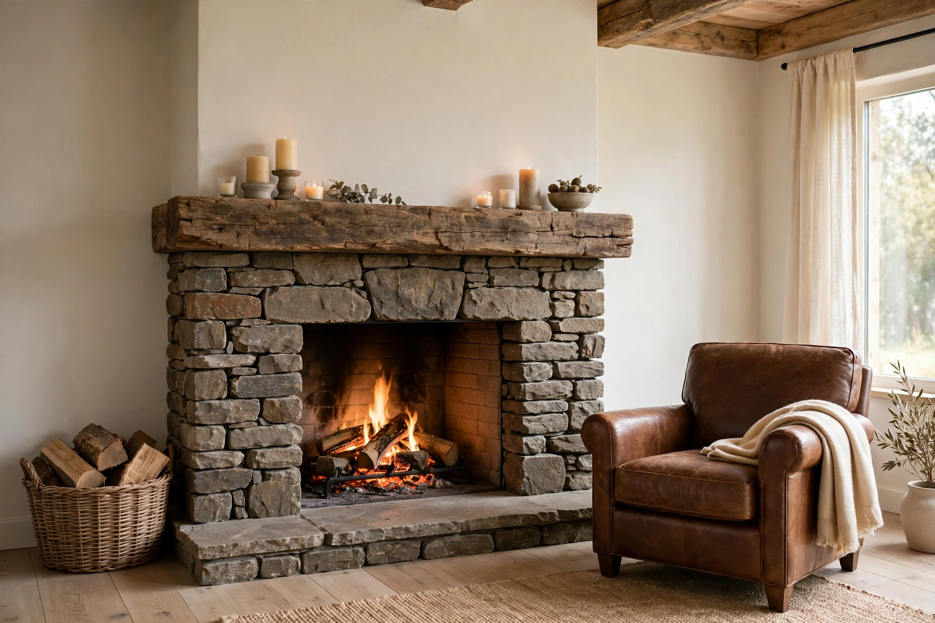 Stacked stone fireplace with lit fire, wood mantel with candles and basket of firewood