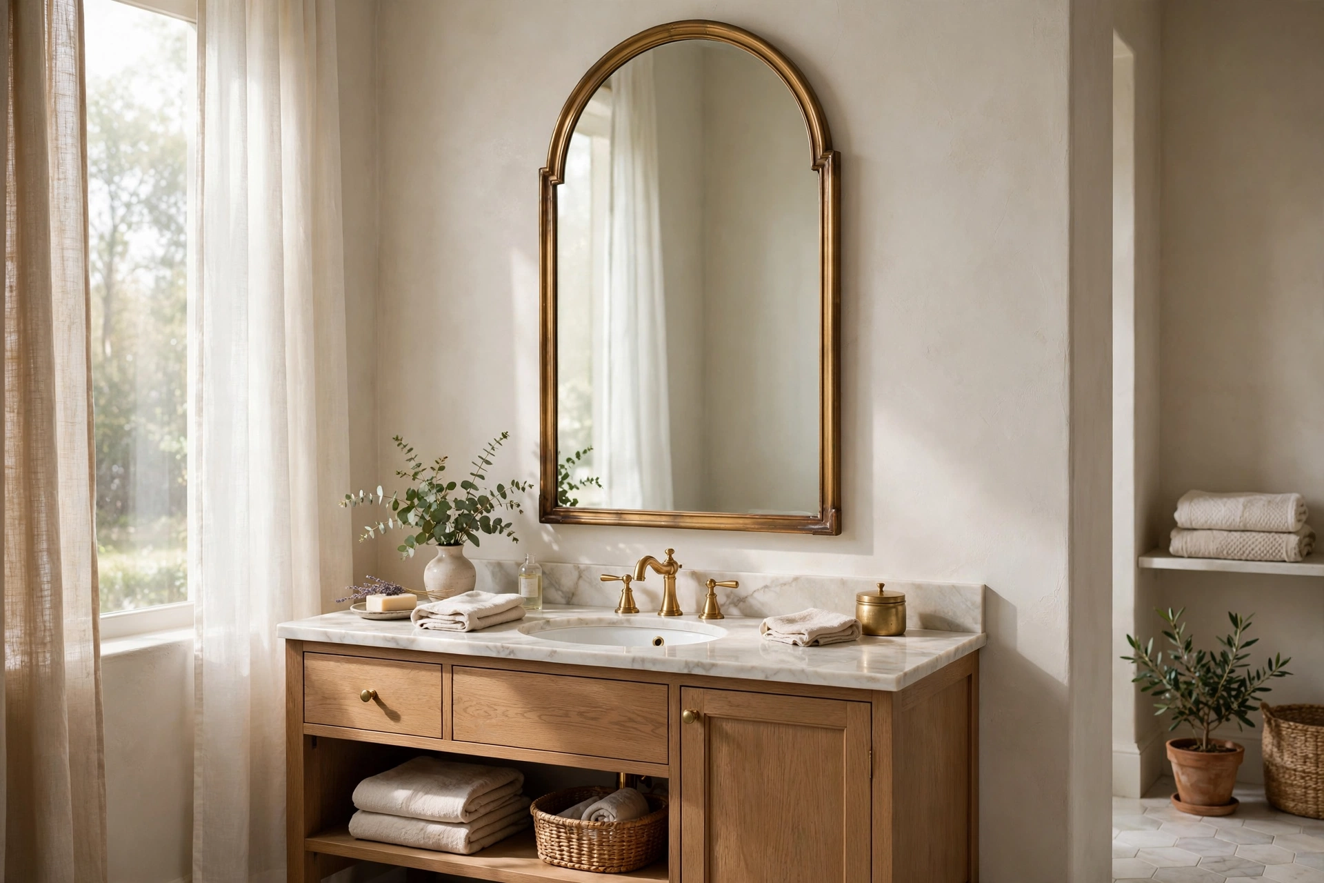 Elegant arched bathroom mirror with a brass frame reflecting soft natural light above a vanity.