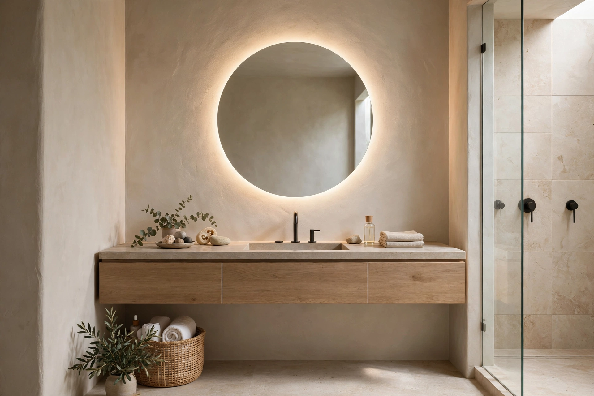 Backlit bathroom mirror with a soft halo glow on the wall in a modern windowless bathroom.