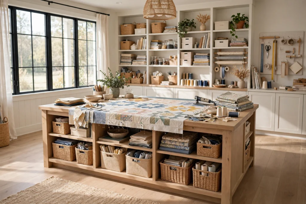 Central craft island table with storage below and 360-degree access in a bright craft room.