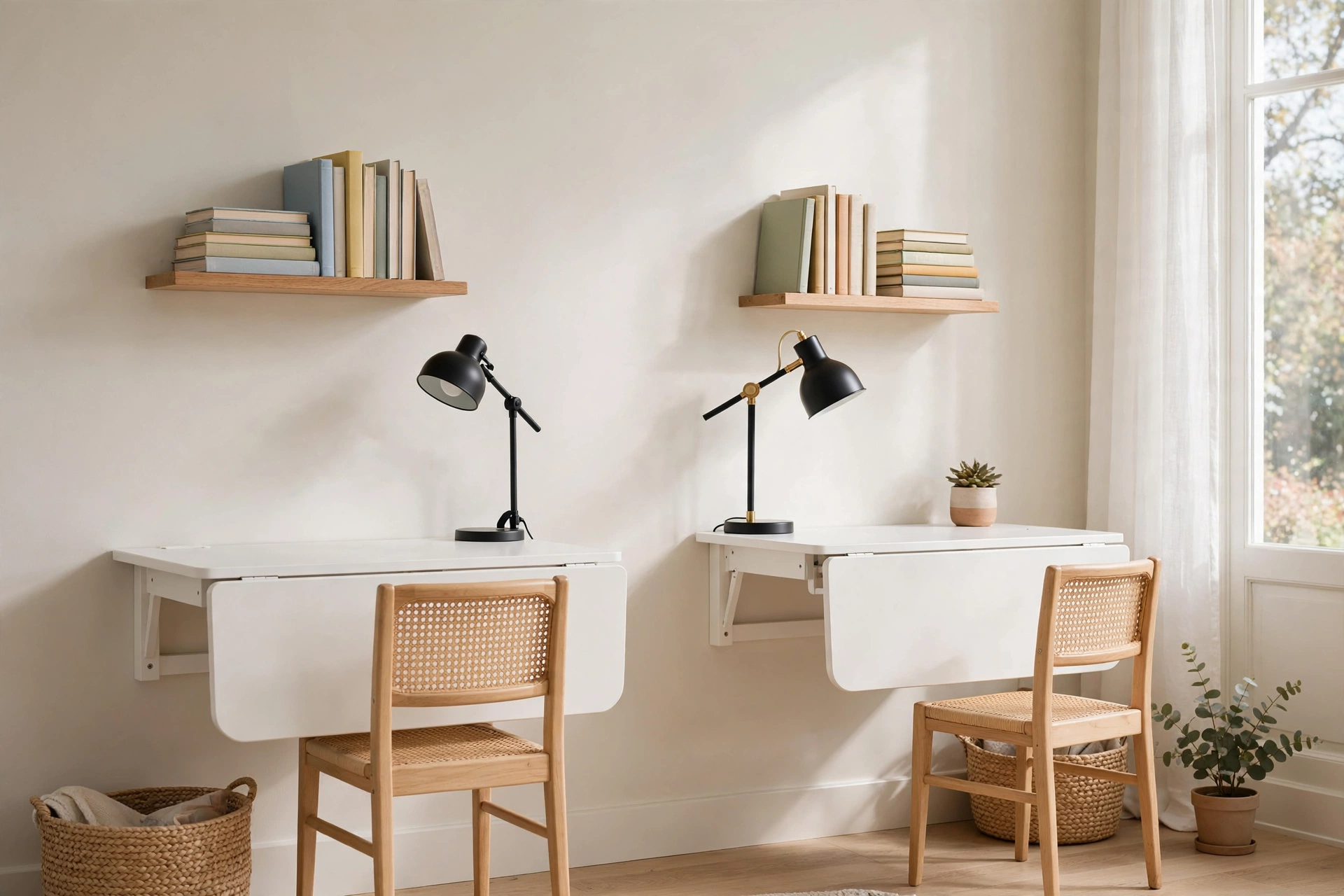 A homeschool room with two wall-mounted drop-leaf desks folded open, each with a lamp and shelf above.