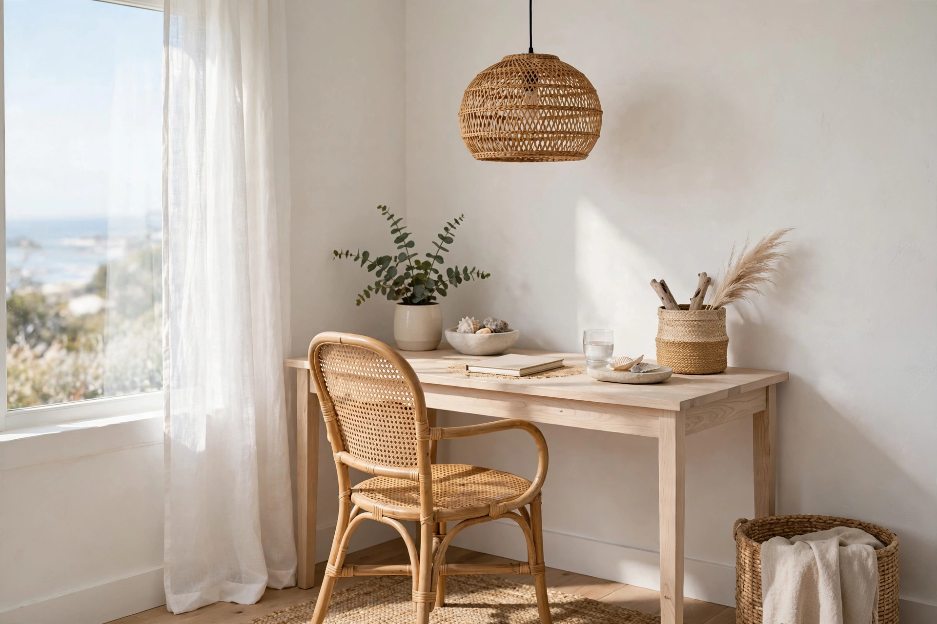 A coastal home office with a cane-backed rattan desk chair and a woven pendant light.
