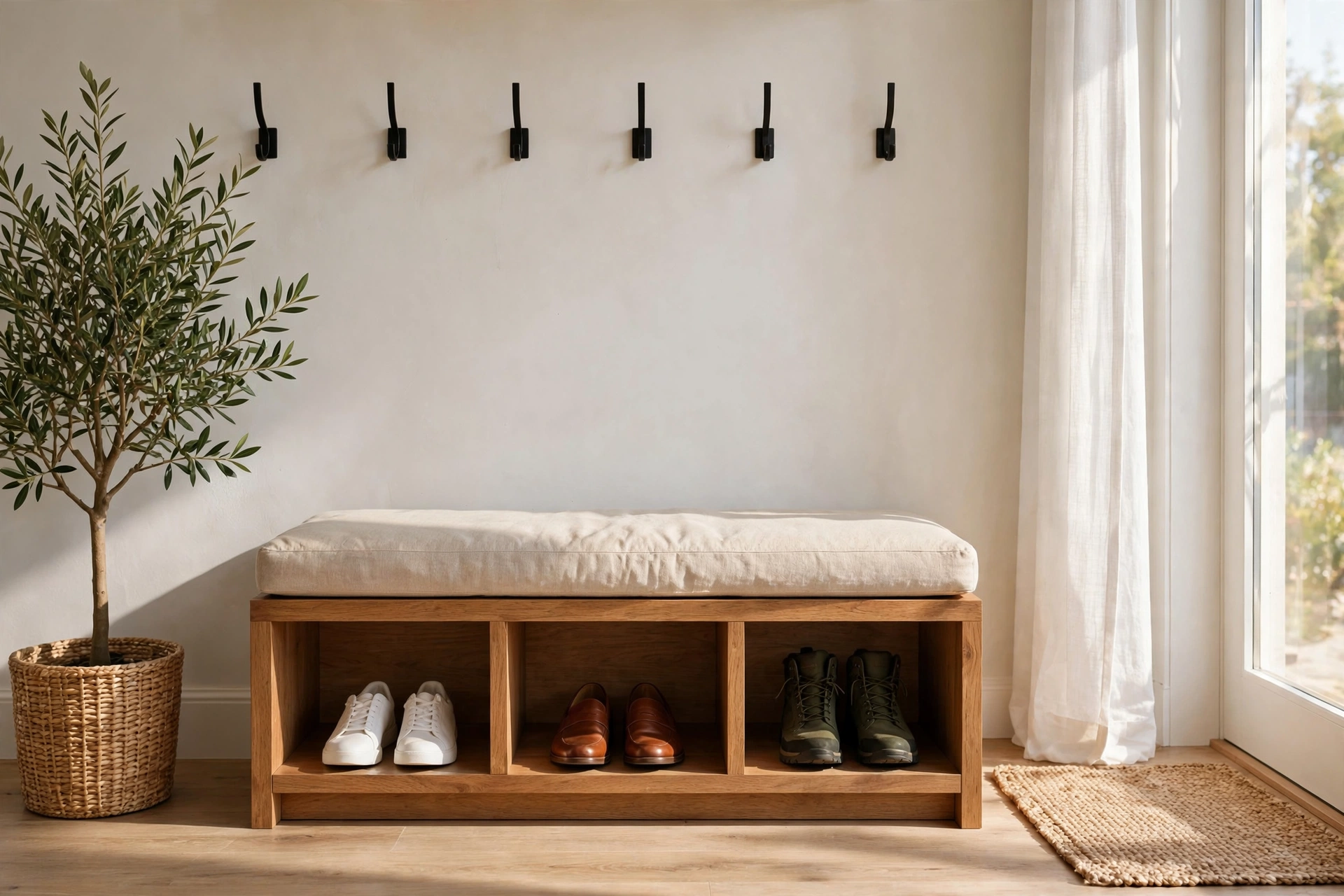 An entryway shoe storage bench with a lift-up seat and cubbies holding shoes below.