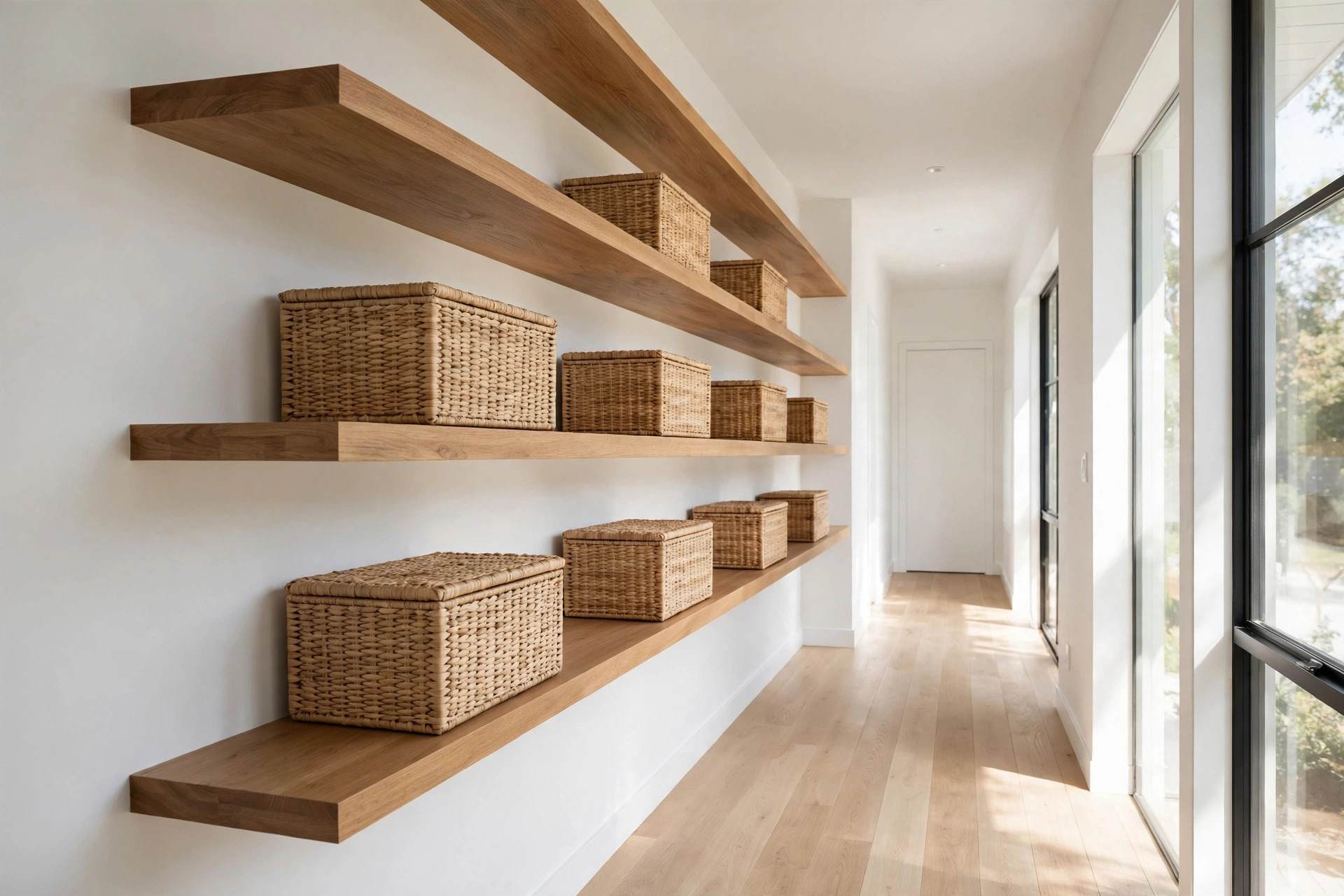 A hallway storage run of floating shelves mounted above head height holding labeled bins.