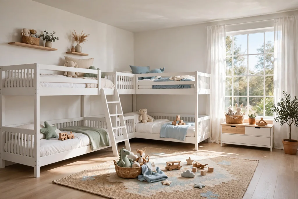 A bunk bed room with an L-shaped corner bunk opening up the center floor space.