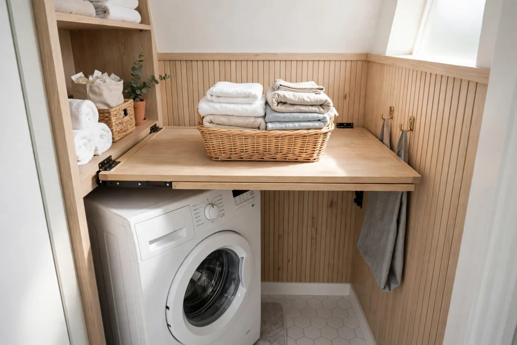 Laundry closet ideas showing a wall-mounted fold-down folding table above a front-load washer in a compact closet.