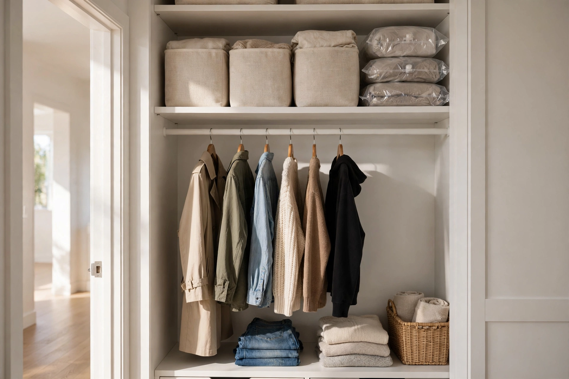 Reach-in closet ideas featuring a second high shelf with labeled storage bins above the main closet rod.