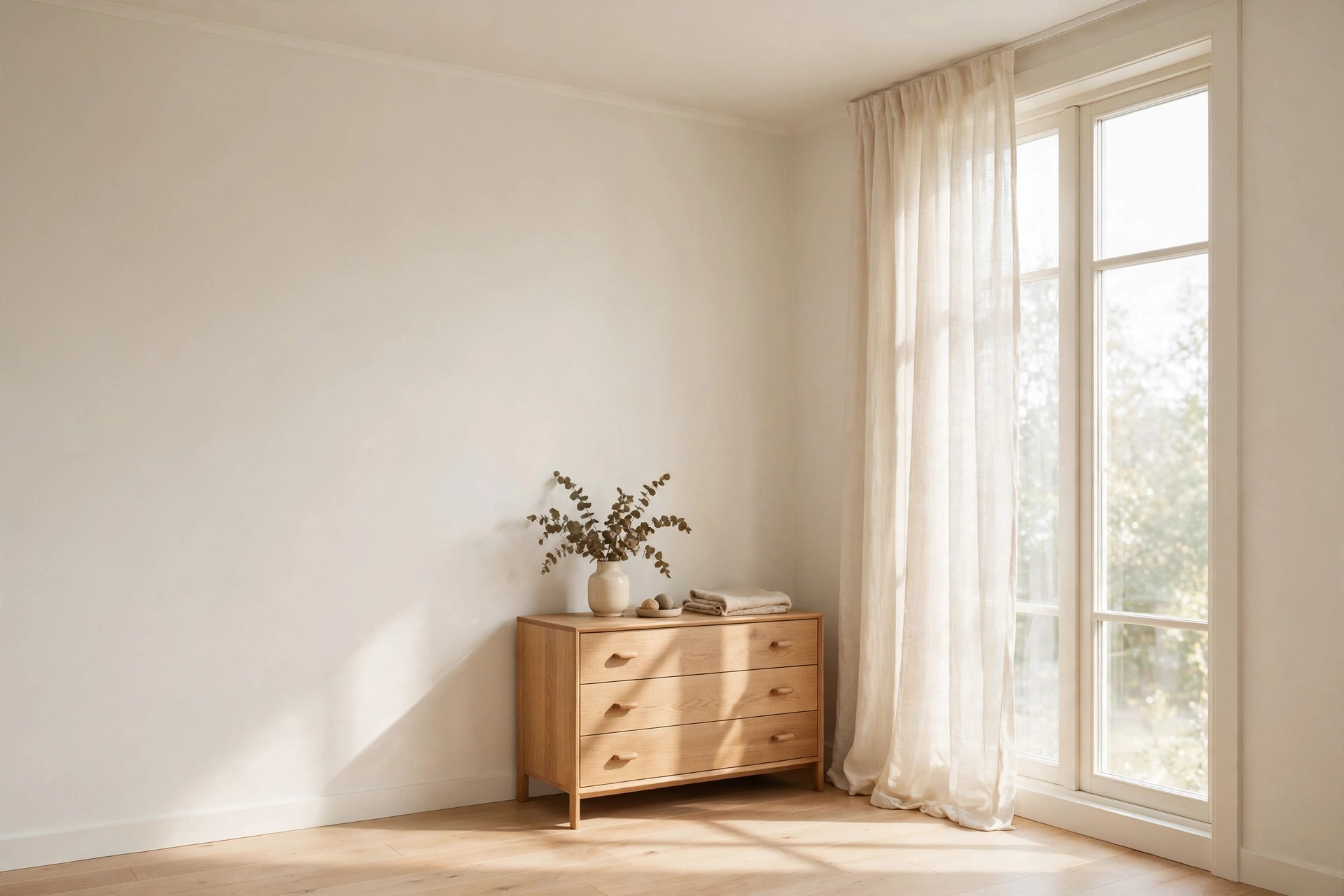 Scandinavian bedroom corner with warm white walls, tall sunlit window and low oak dresser