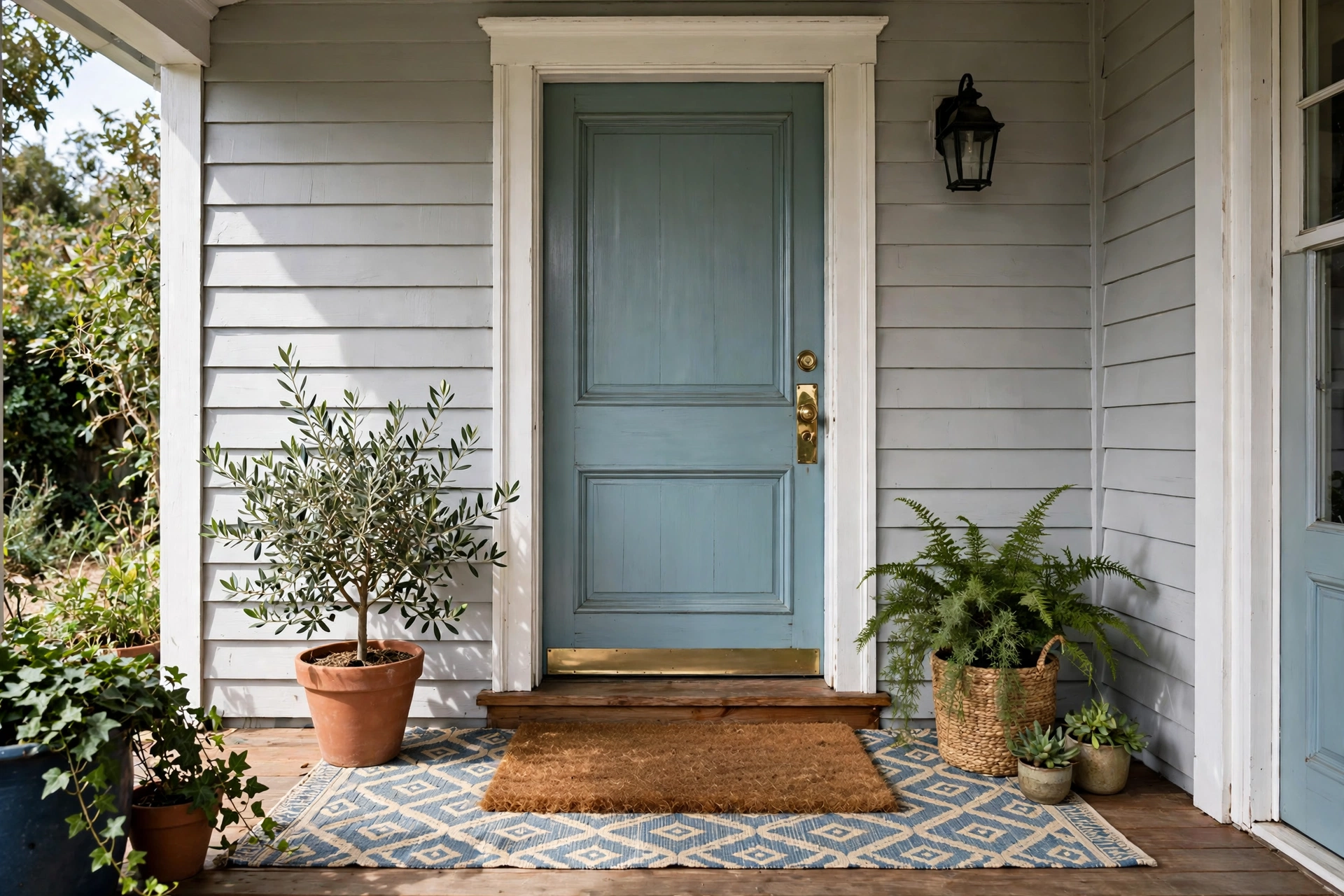 Front porch decorating ideas with a layered outdoor rug and coir mat creating a welcoming entrance landing.