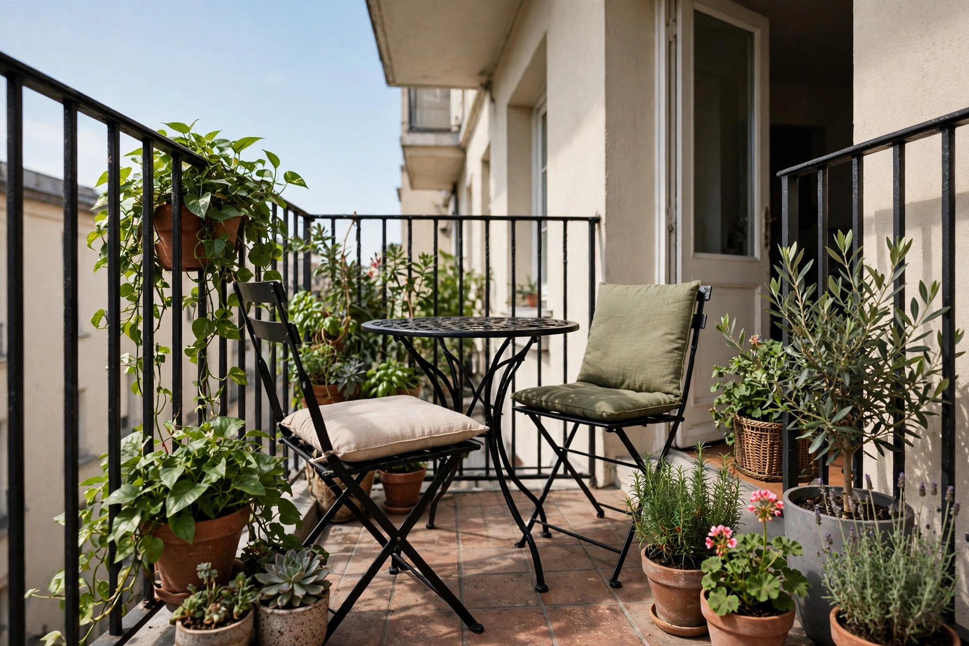 Balcony decor ideas with a small round metal bistro set and two folding chairs on a narrow balcony.