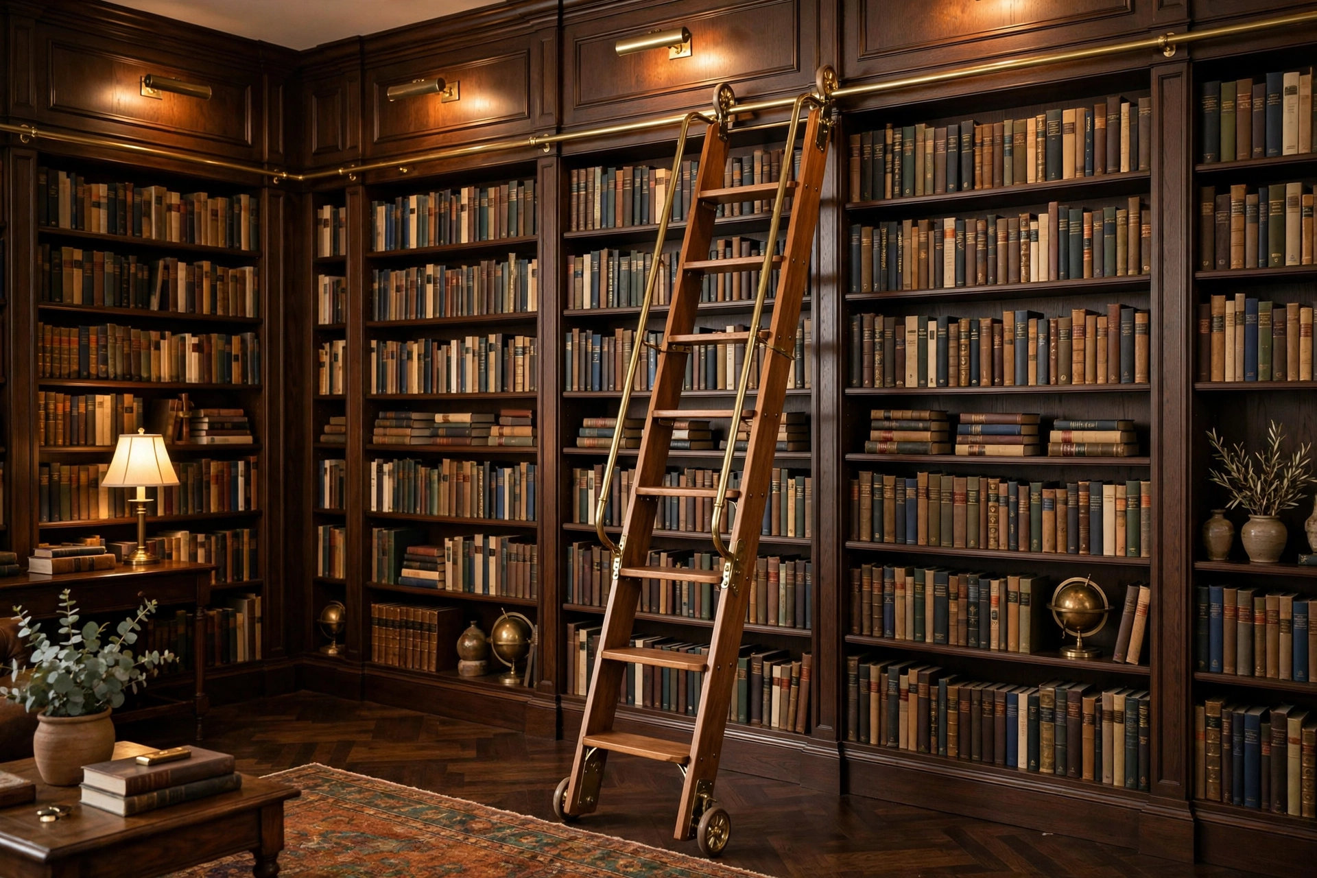 Home library design ideas with a wooden rolling library ladder on a brass rail against tall bookshelves.